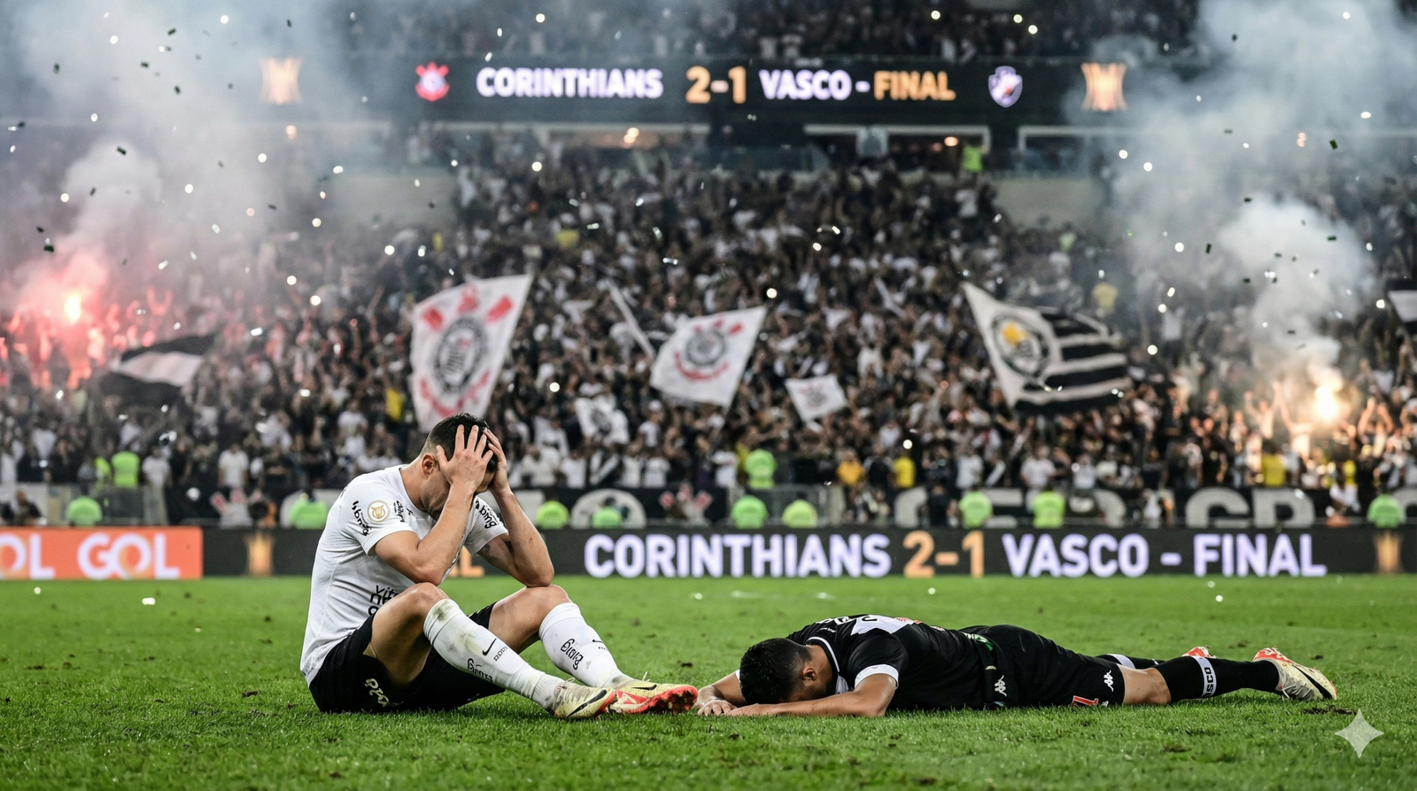 Jogador do Corinthians emocionado e atleta do Vasco no chão em desespero após a final da Copa do Brasil 2025 no Maracanã. Exemplo de desgaste mental no futebol.